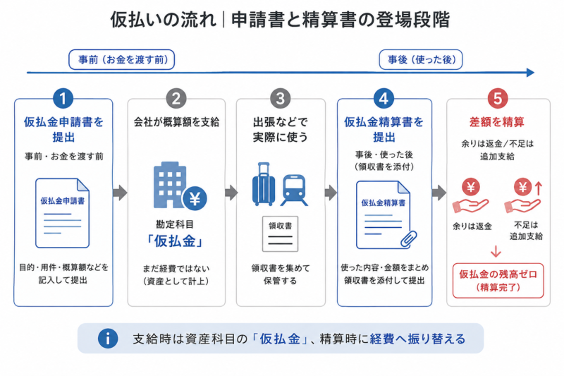 仮払いの流れ図。仮払金申請書の提出から支給、使用、仮払金精算書の
提出、差額の精算までの5段階と、2枚の書類が登場する段階を示した図。