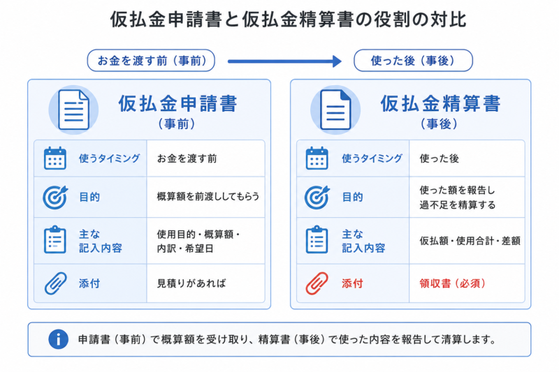 仮払金申請書と仮払金精算書の役割を左右で比較した図。事前に使う
申請書と、使った後に使う精算書の目的・記入内容・添付書類の違いを示す。