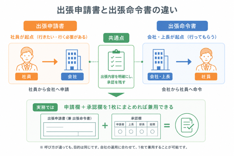 出張申請書(社員起点)と出張命令書(会社起点)の違いと兼用できる点の比較図