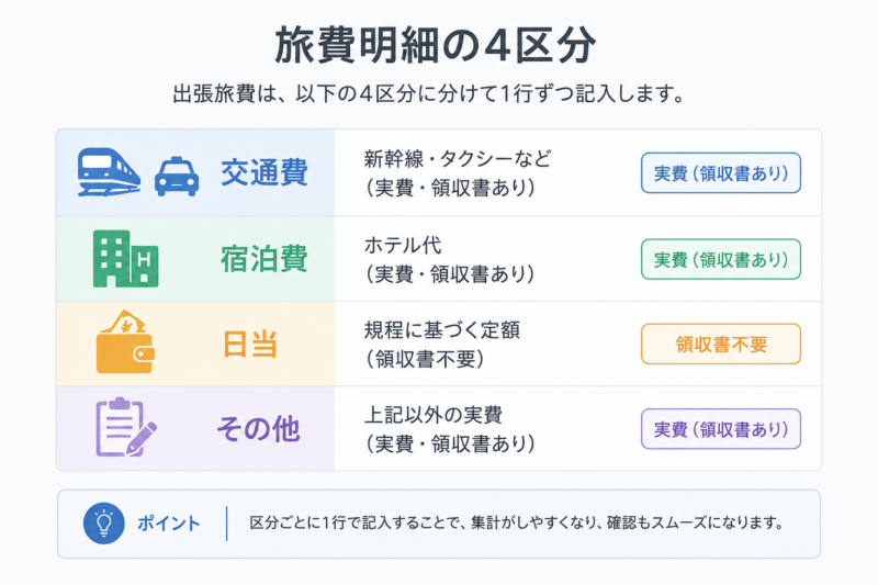 出張旅費を交通費・宿泊費・日当・その他の4区分で整理した分類図