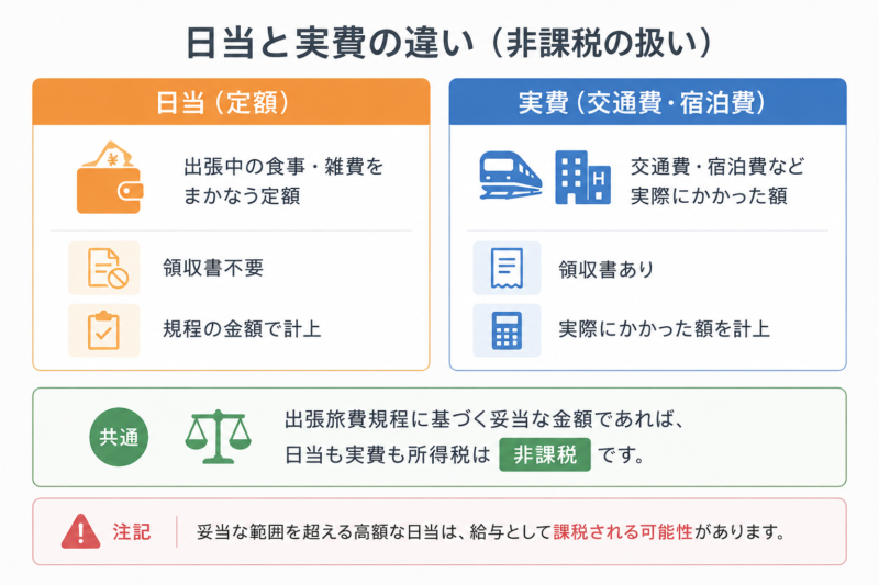 日当(定額・領収書不要)と実費の違いと非課税の扱いを比較した図