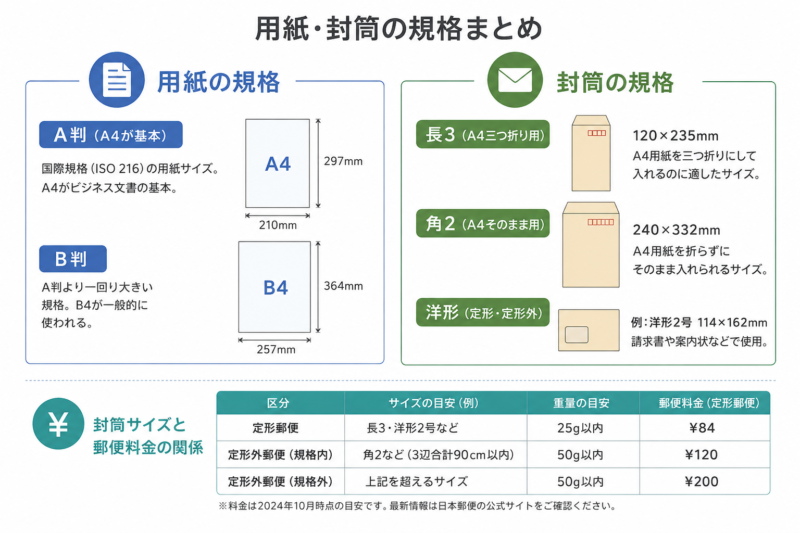 用紙(A判・B判)と封筒の規格を整理した図