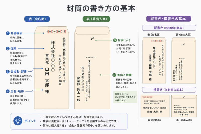 ビジネス封筒の書き方の基本を示す図