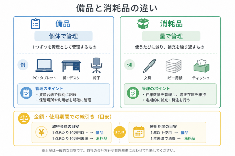 備品と消耗品の管理区分の違いを示す比較図