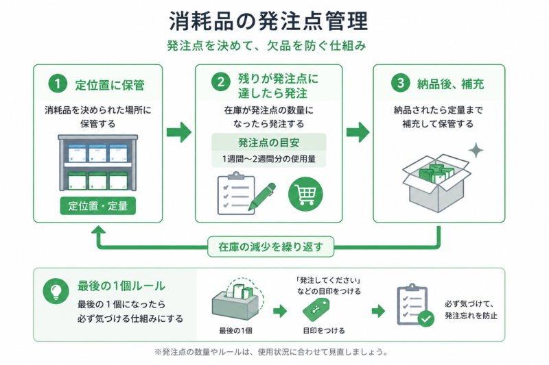 消耗品の発注点管理の流れを示す図