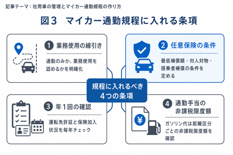 マイカー通勤規程に入れるべき条項を整理した図