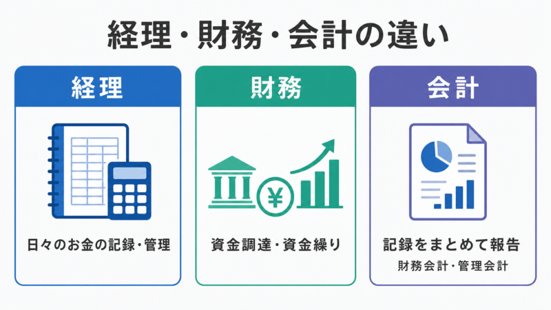  経理・財務・会計の役割の違いを示す比較図