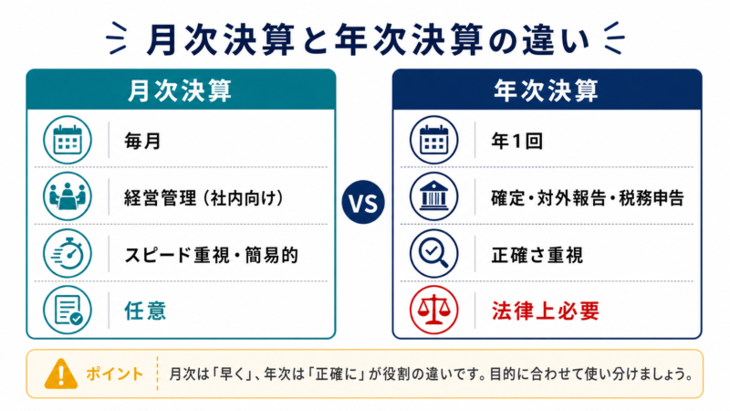 月次決算と年次決算の違い比較図