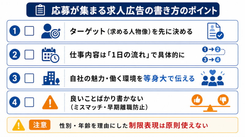  応募が集まる求人広告の書き方ポイントの図