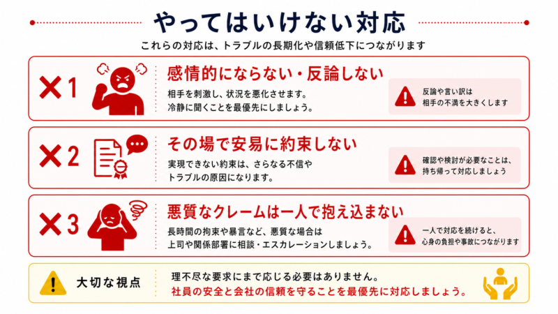 クレーム対応で避けたいNG対応3つの図