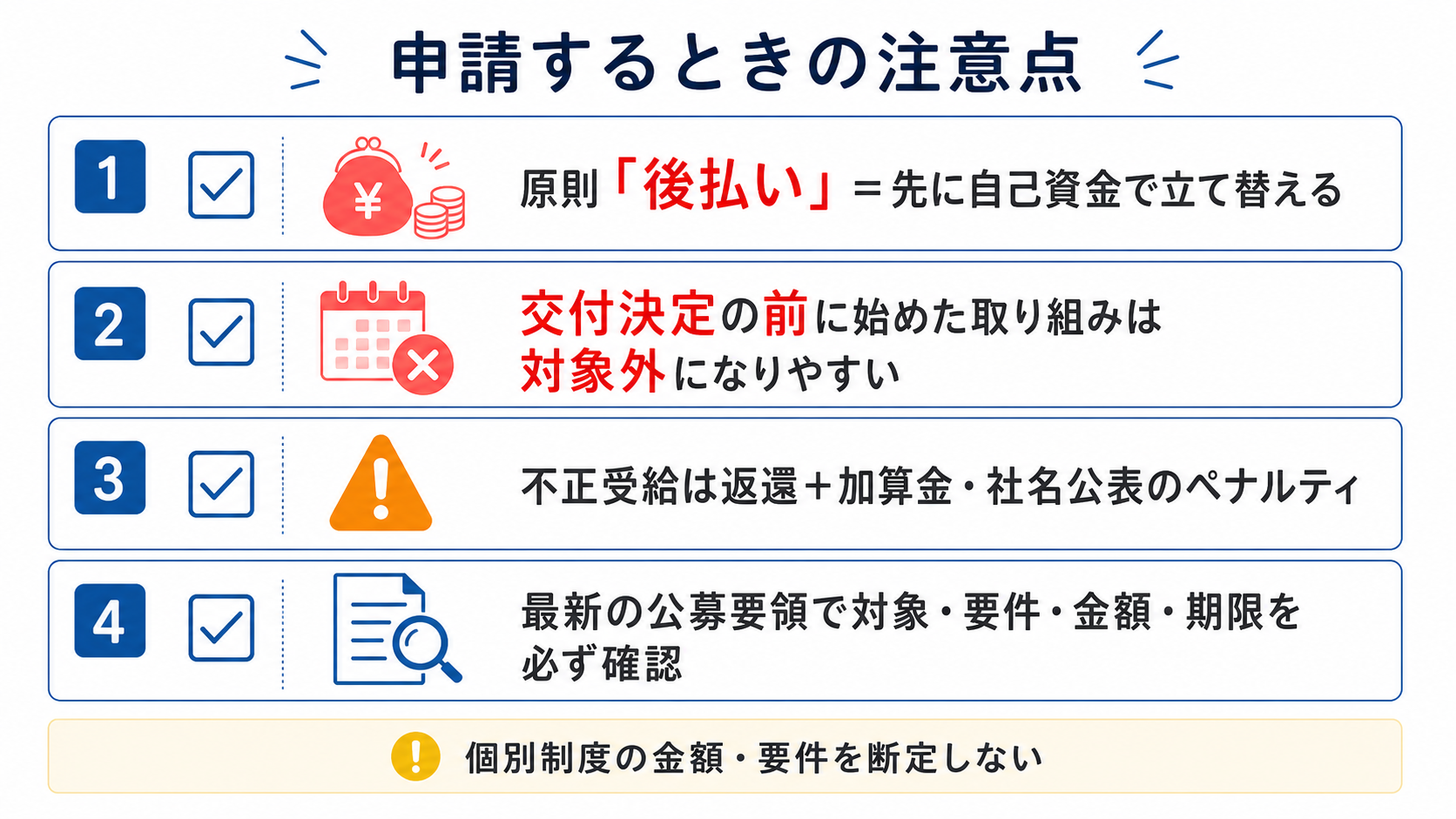 助成金・補助金の申請時の注意点チェックリスト図