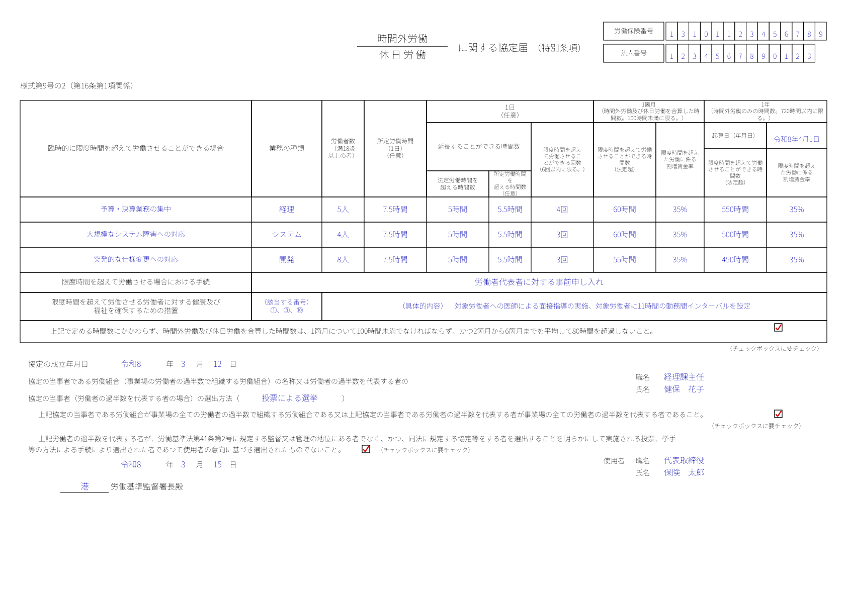 36協定届(様式第9号の2・特別条項)の記入例