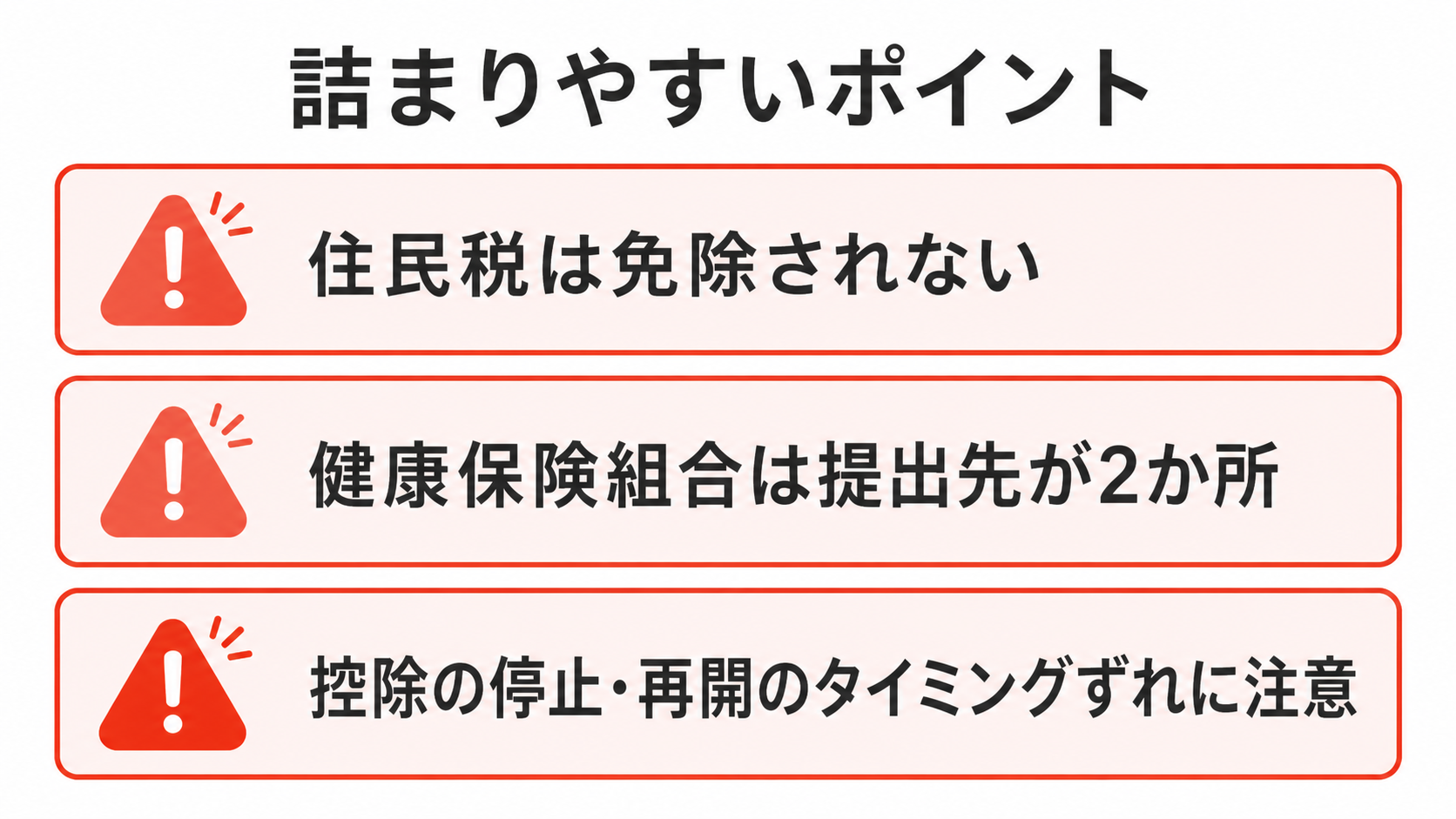 産休・育休の保険料免除で給与計算の事故が起きやすい3つのポイントを示す図