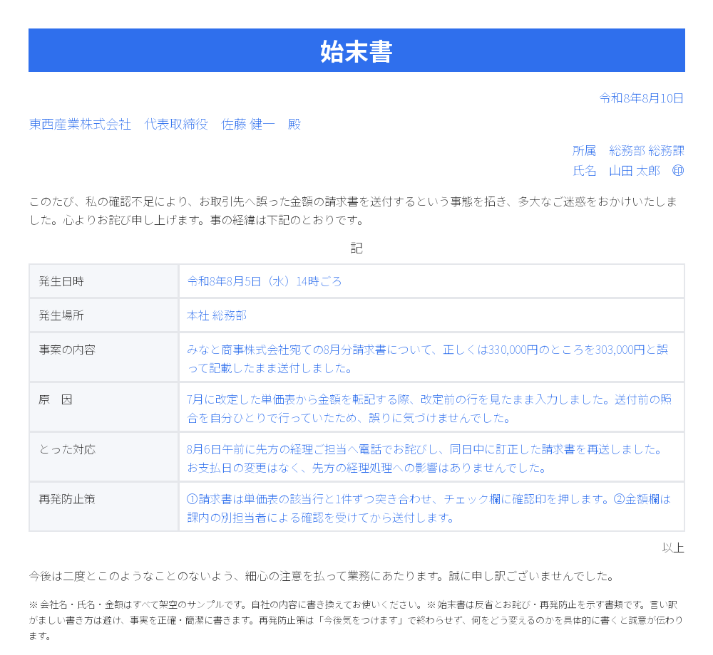 始末書(軽微な過失用)の記入例