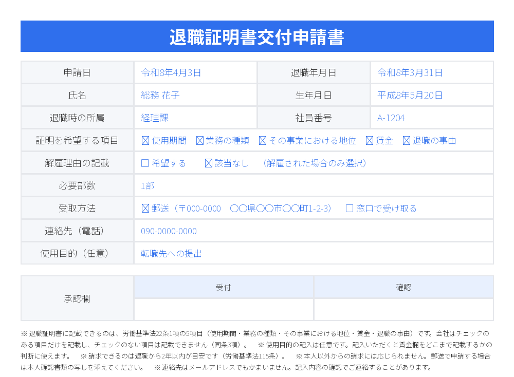 退職証明書交付申請書の記入例（記入済みサンプル）