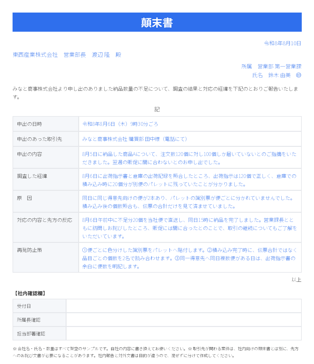 顛末書(取引先クレーム対応用)の記入例