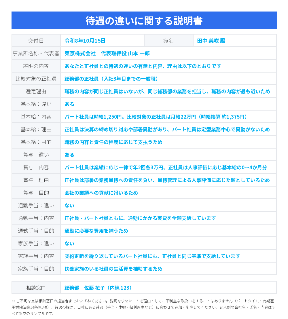 待遇差の説明書の記入例（記入済みサンプル）